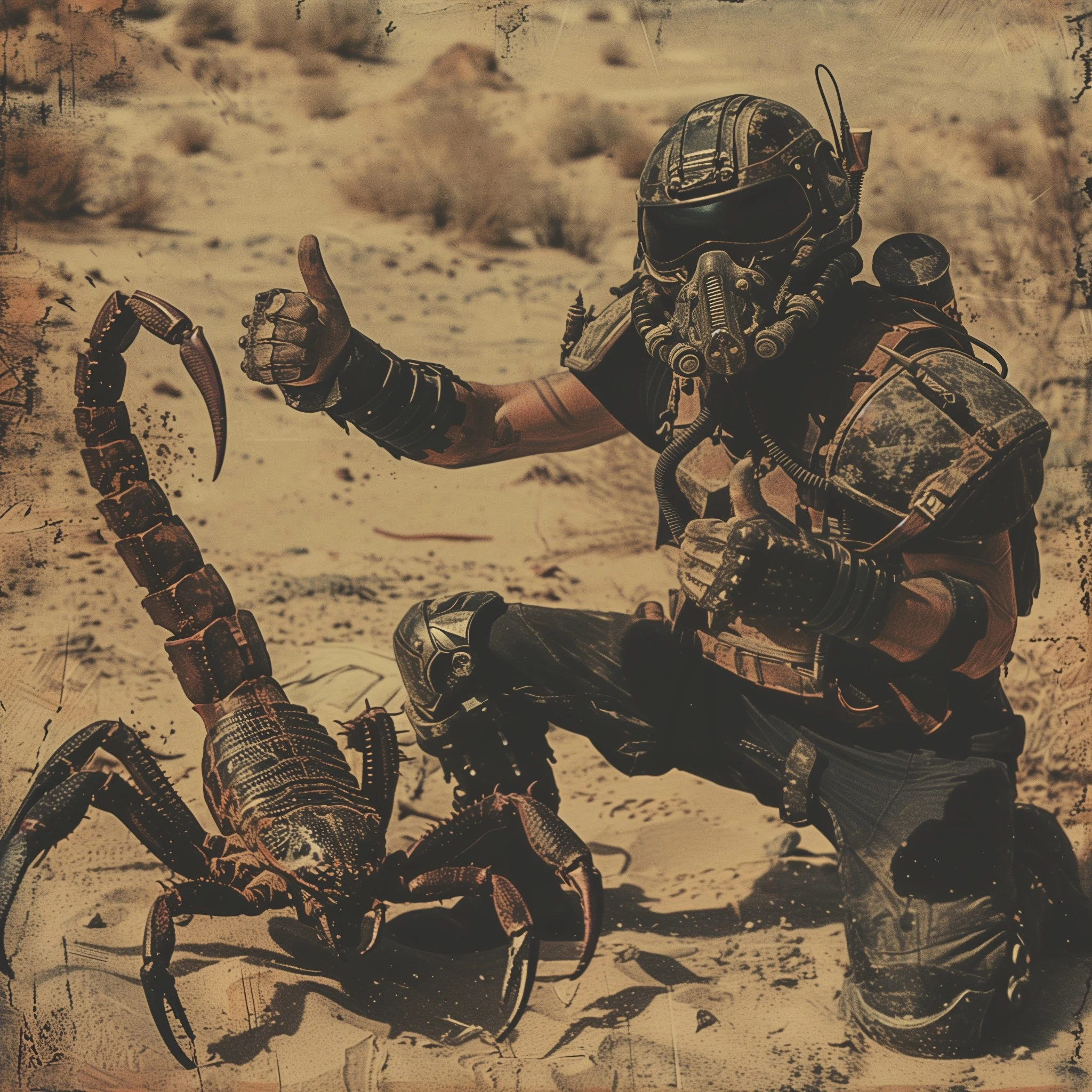 Post-apocalypse looking guy wearing a gas mask posing with a truly massive scorpion